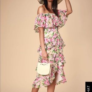FLORAL PRINT RUFFLED OFF-THE-SHOULDER MIDI DRESS